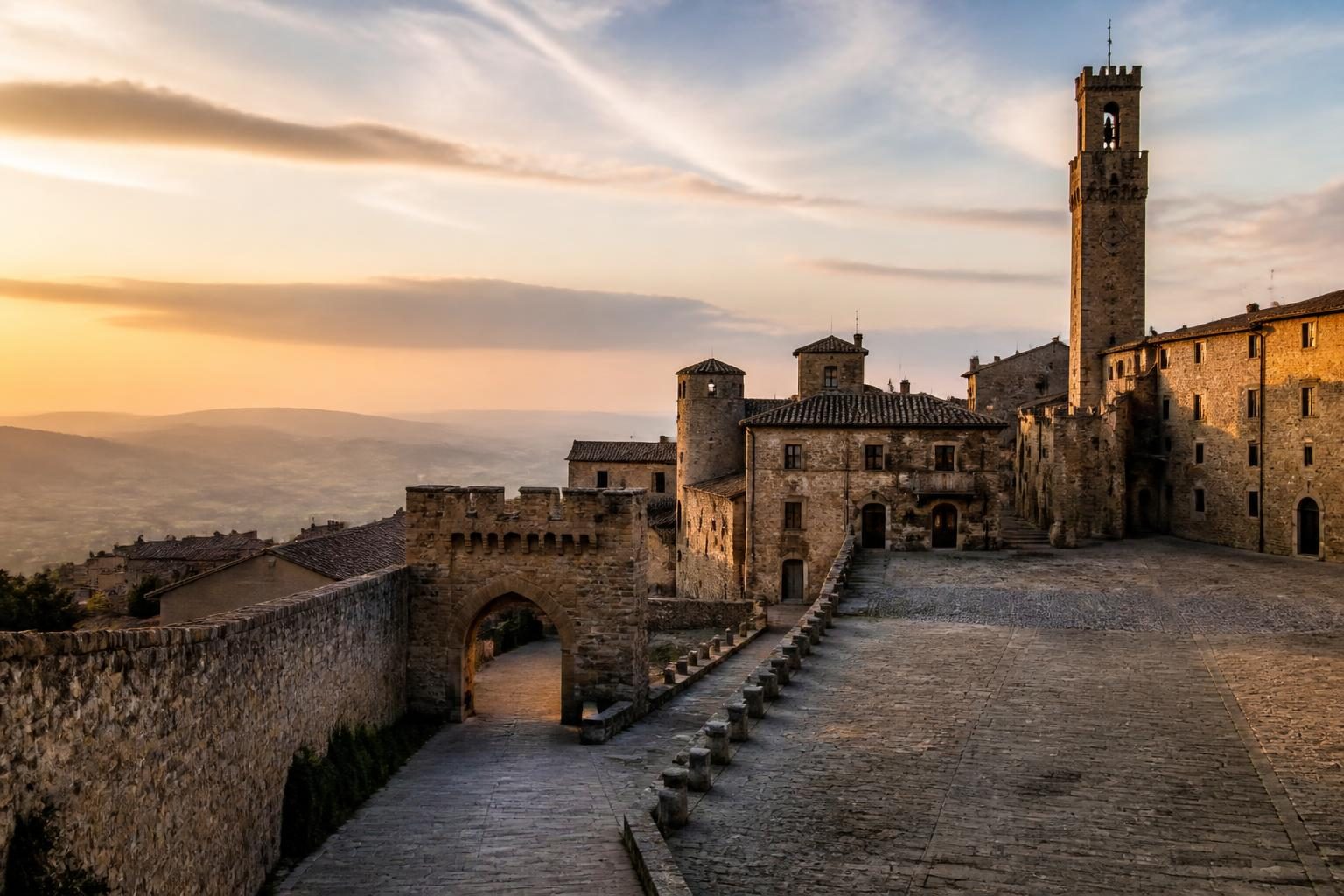 Blick auf die Stadtmauer und die Altstadt von Volterra auf einem Hügel über dem Tal