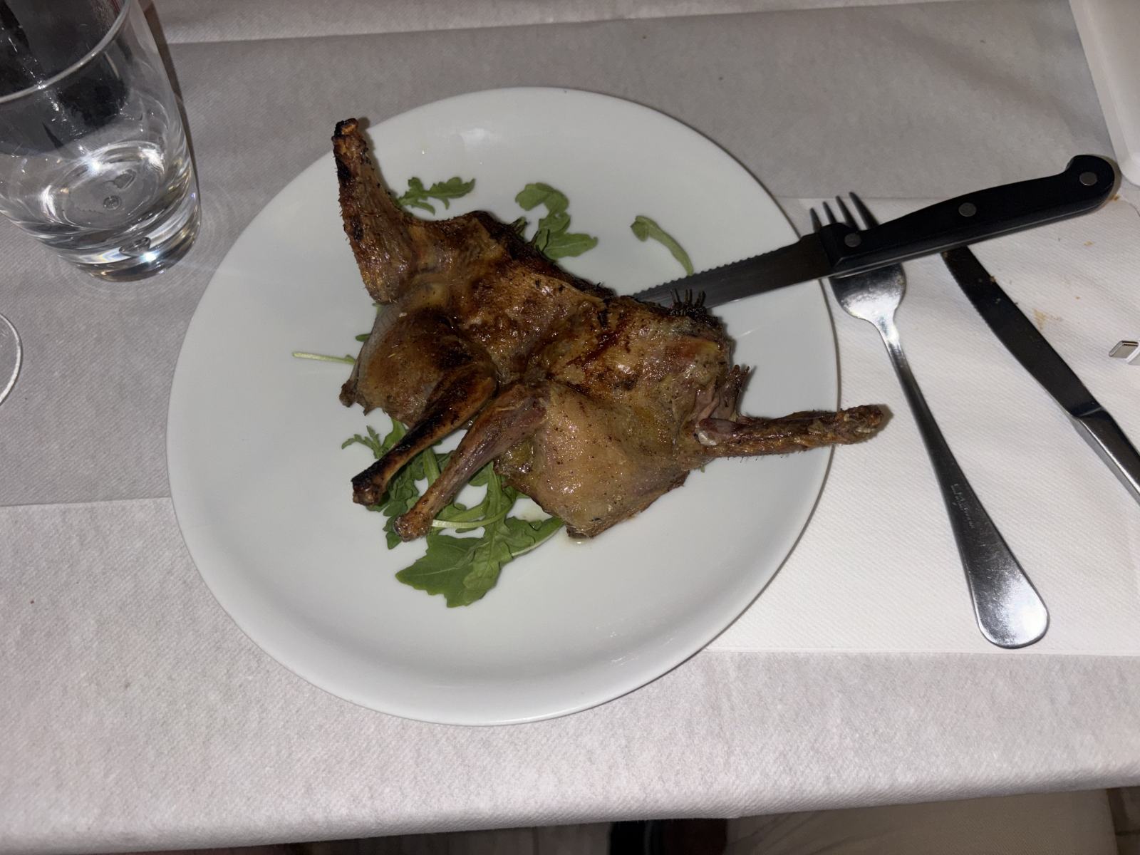 Gegrillte Taube auf Rucola auf einem weißen Teller im Restaurant.