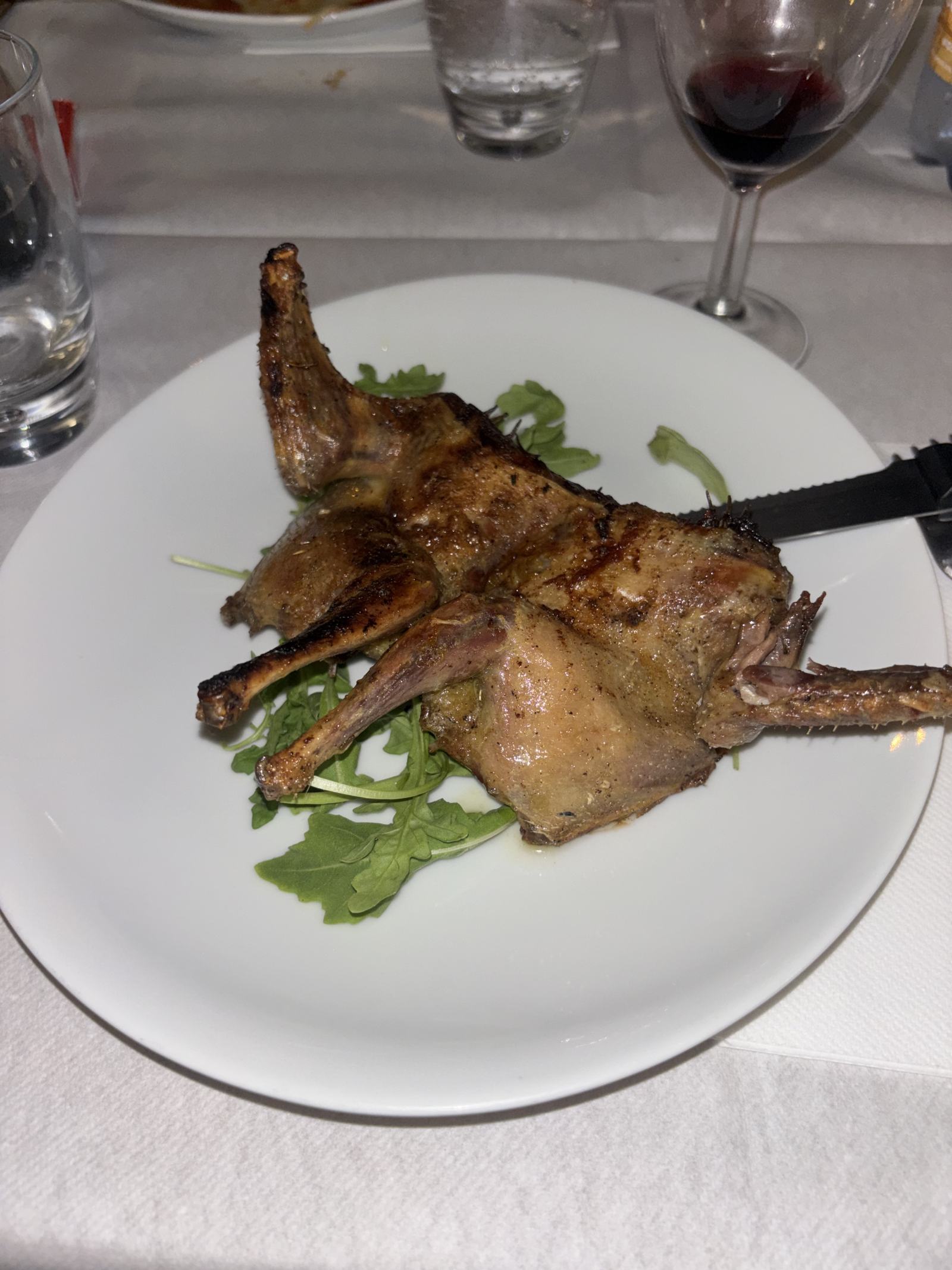 Nahaufnahme einer gegrillten Taube auf Rucola auf einem weißen Teller.